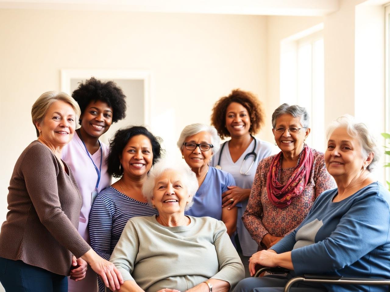 Diverse group of seniors and caregivers together