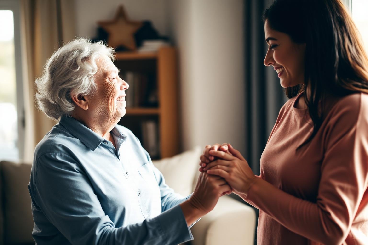 Caregiver holding hands with a smiling elderly client at home